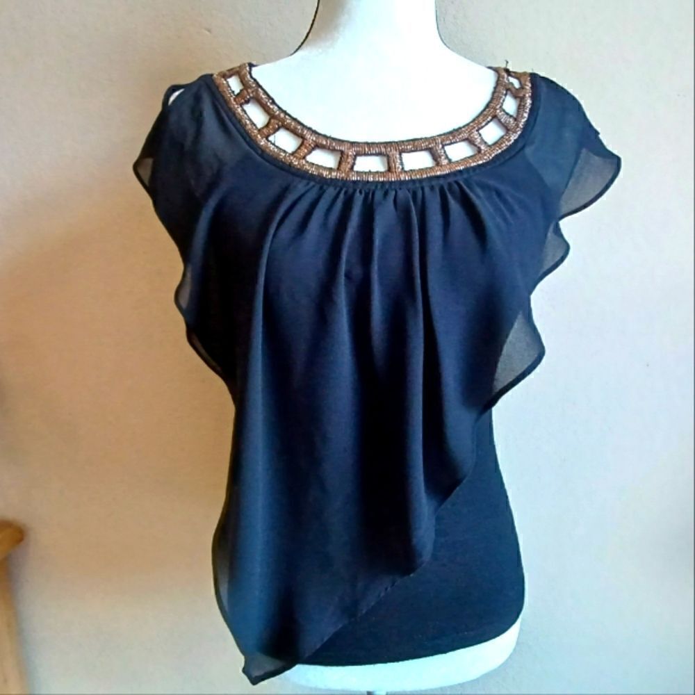 BCX Stretch blouse with bronze Beaded Embroidered collar